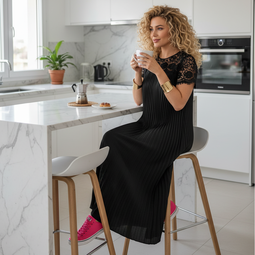 Plus Size Elegant Lace Trim Pleated Dress