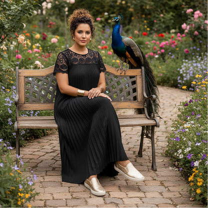 Plus Size Elegant Lace Trim Pleated Dress