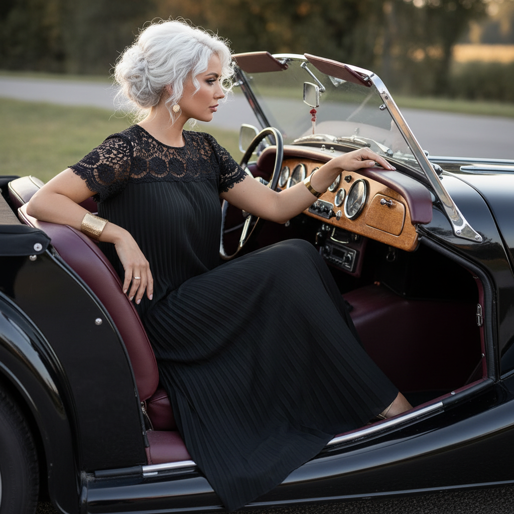 Plus Size Elegant Lace Trim Pleated Dress