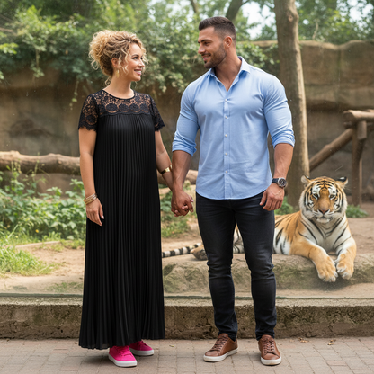 Plus Size Elegant Lace Trim Pleated Dress