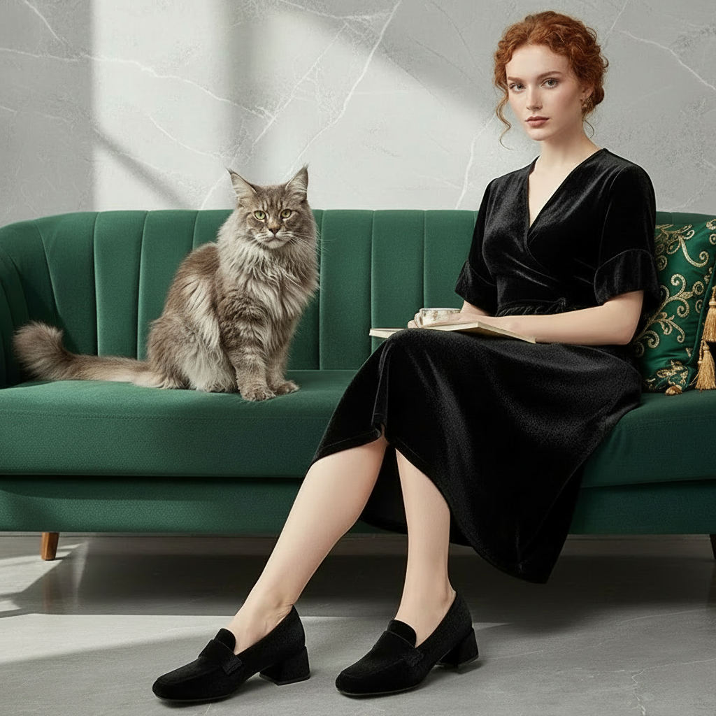 French Inspired Chunky Heel Elegant Velvet Pumps