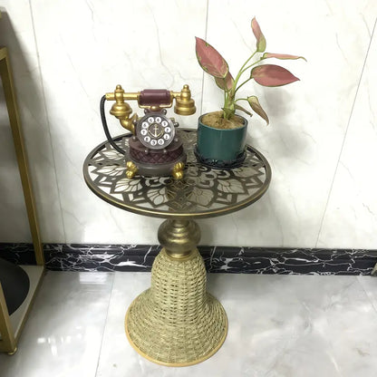 Intricate Floral Metal & Handcrafted Rattan Coffee Table