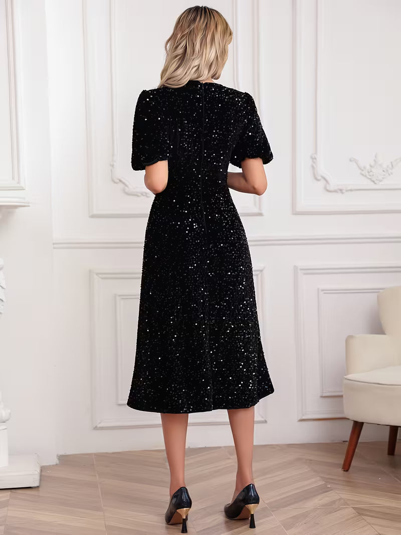 Puff Sleeve Sequin Midi Dress