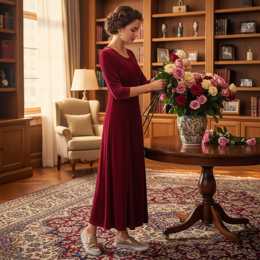 Velvet 3/4 Sleeve Midi Dress