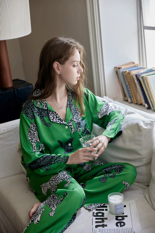 Green Leopard Silk Pajama Sleepwear Set