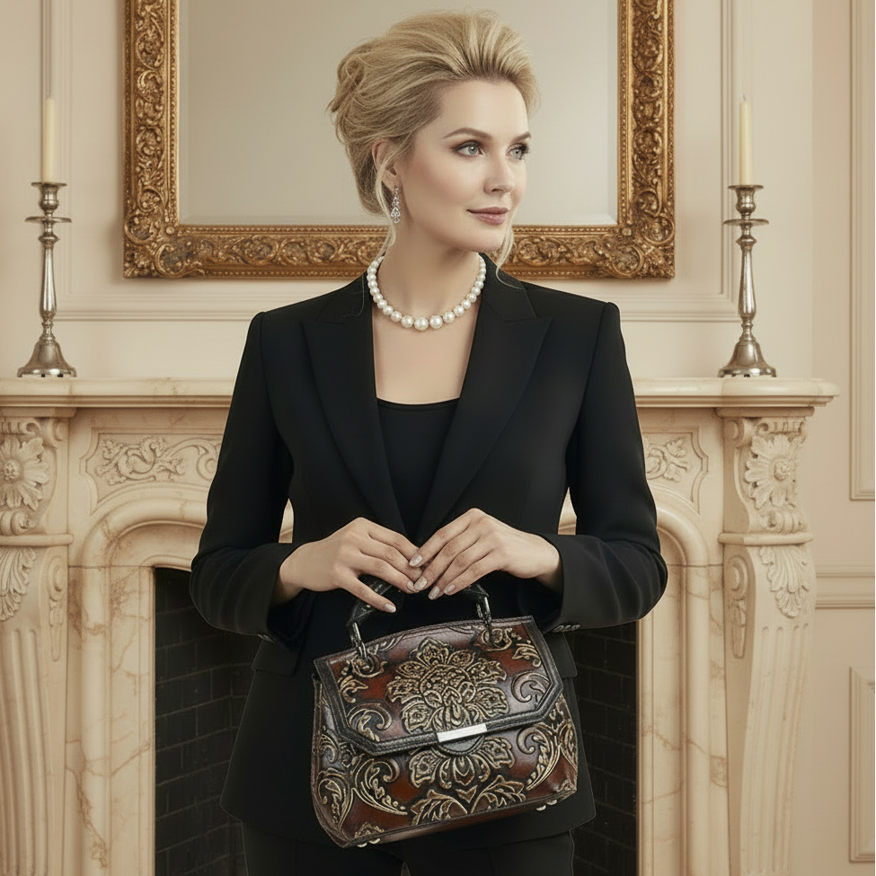 Picardo Embossed Floral Applique Genuine Cowhide Handbag