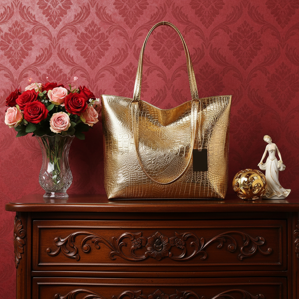 Vintage Metallic Vegan Leather Tote Bag