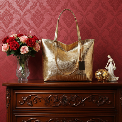 Vintage Metallic Vegan Leather Tote Bag