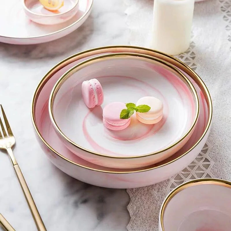 CasaVero's Pink Marble Gold Rim Dinnerware