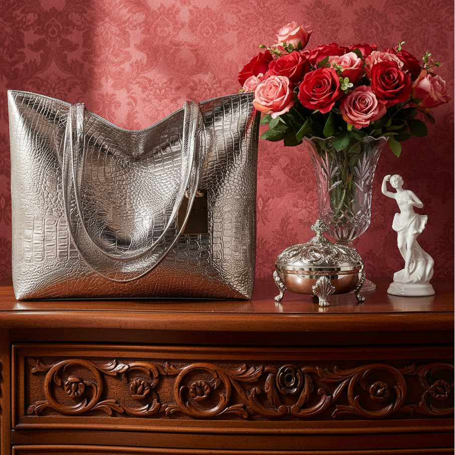 Vintage Metallic Vegan Leather Tote Bag