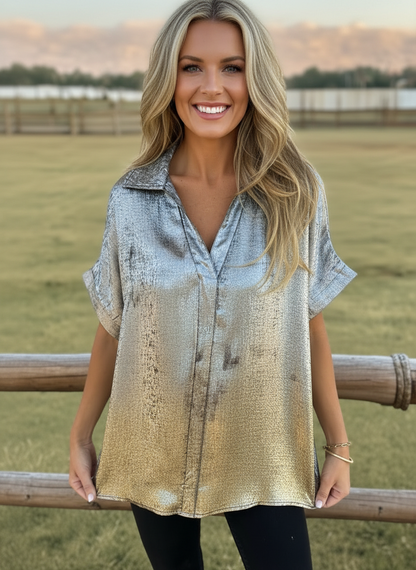 Metallic Polyester Short Sleeve Blouse