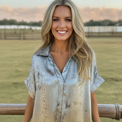 Metallic Polyester Short Sleeve Blouse