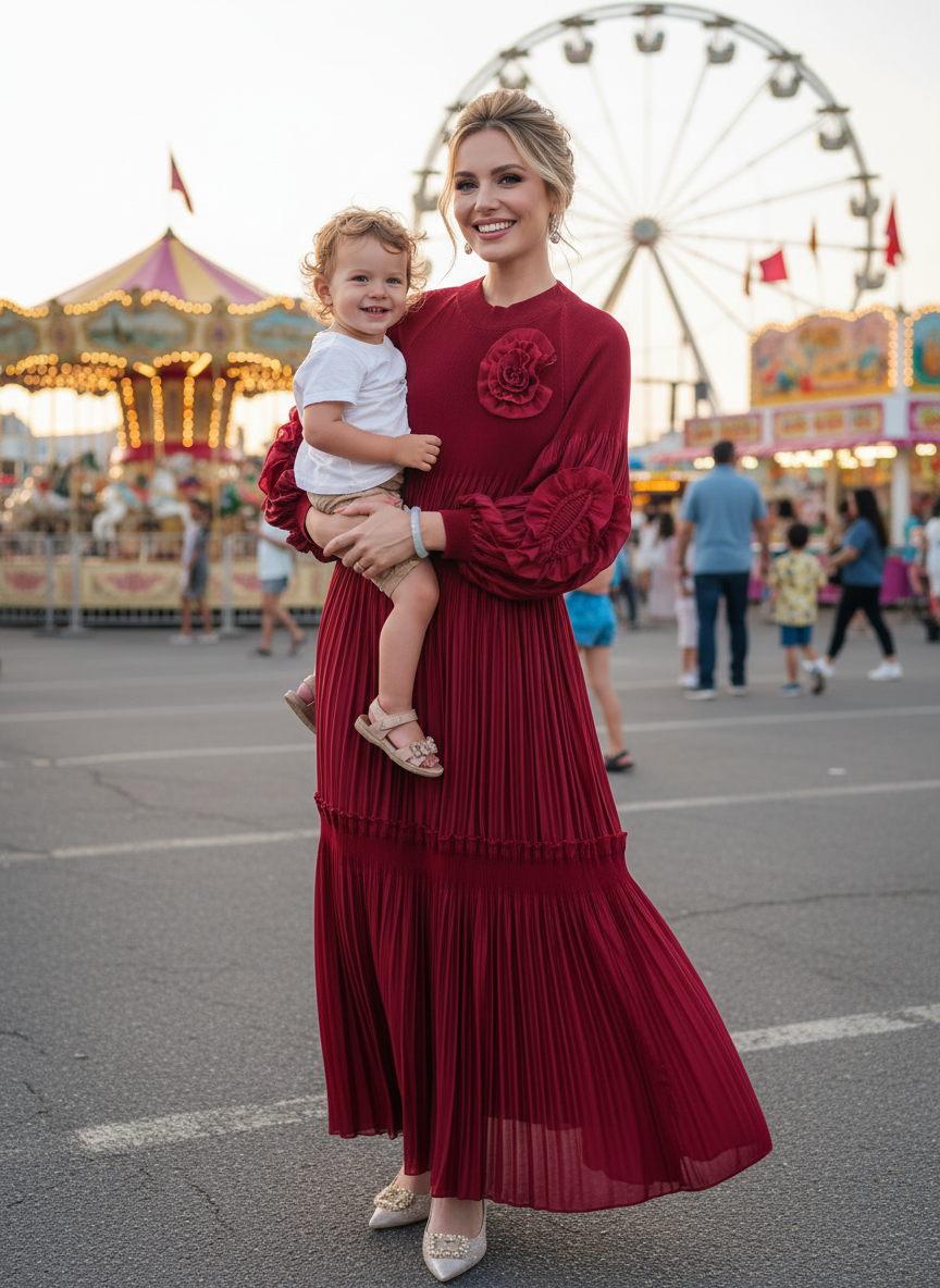 Elegant Floral Applique Fine Pleated Polyester Ruffle Dresses