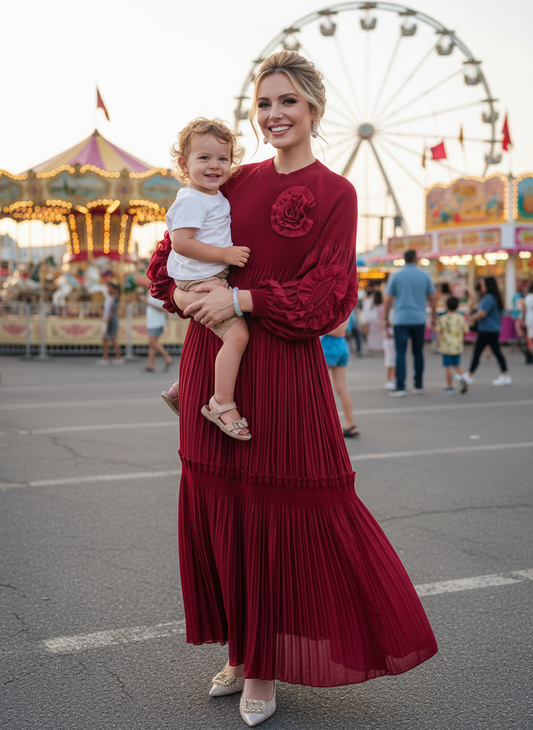 Elegant Floral Applique Fine Pleated Polyester Ruffle Dresses