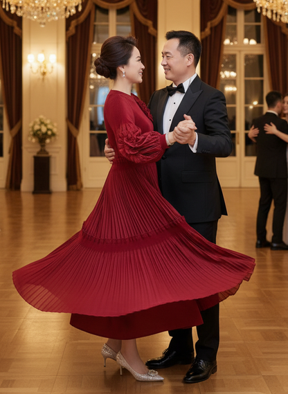 Elegant Floral Applique Fine Pleated Polyester Ruffle Dresses