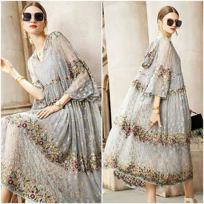 Boutique Embroidered Baby Doll Midi Dress