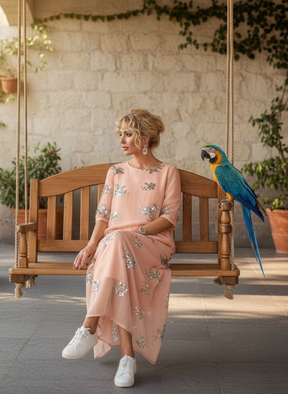 Blush Pink Floral Sequin Maxi Dress