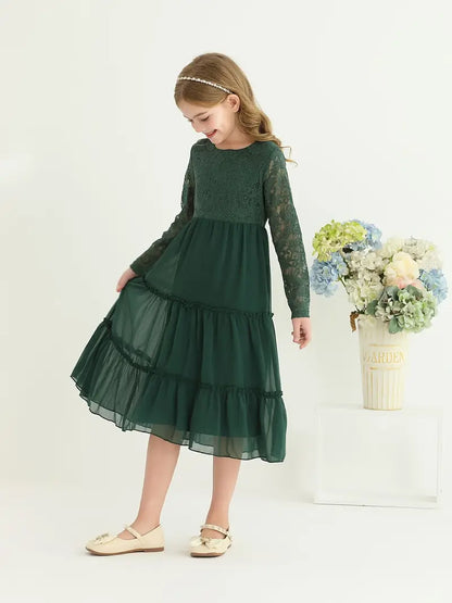 Lace Trim Long Sleeve Ruffle Dresses