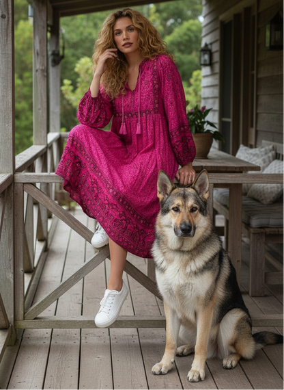 Plus Size Bohemian Long Sleeve Midi Dresses