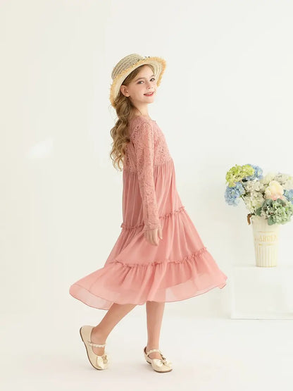 Lace Trim Long Sleeve Ruffle Dresses
