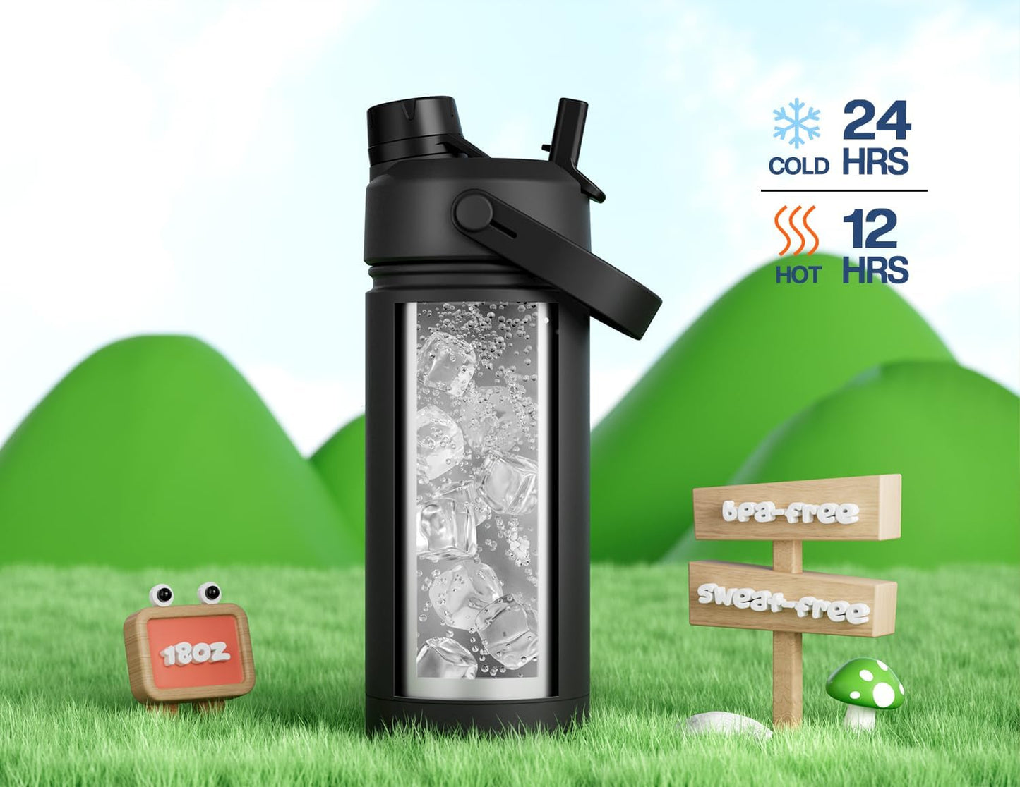 POWCAN Insulated 18oz Non-Slip, Stainless Steel Water Bottles