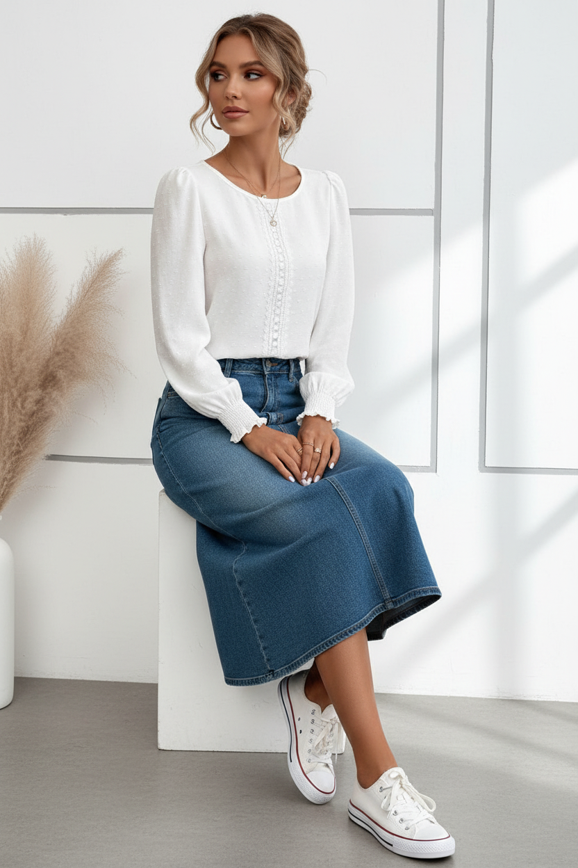 Emery Rose Shirred Long Sleeve Tops