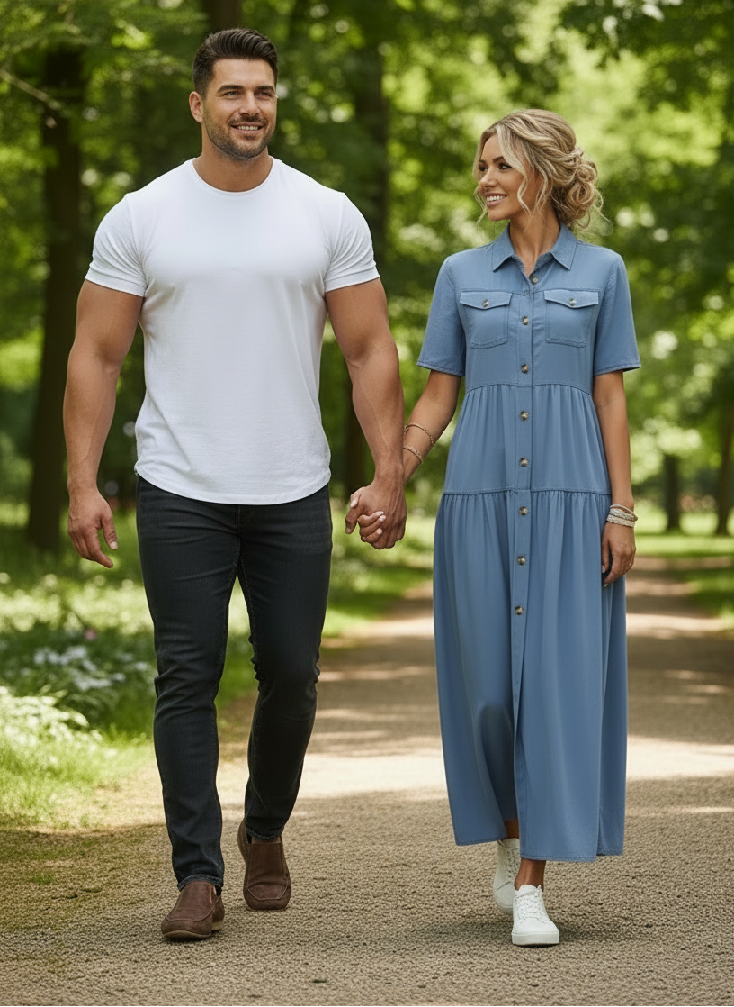 Vintage-Inspired Chambray Denim Maxi Dress