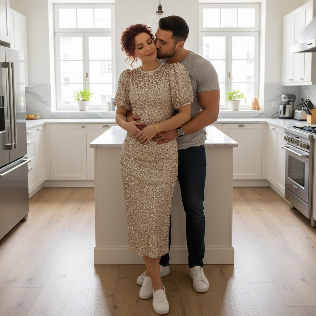 Puff Sleeve Sequin Midi Dress