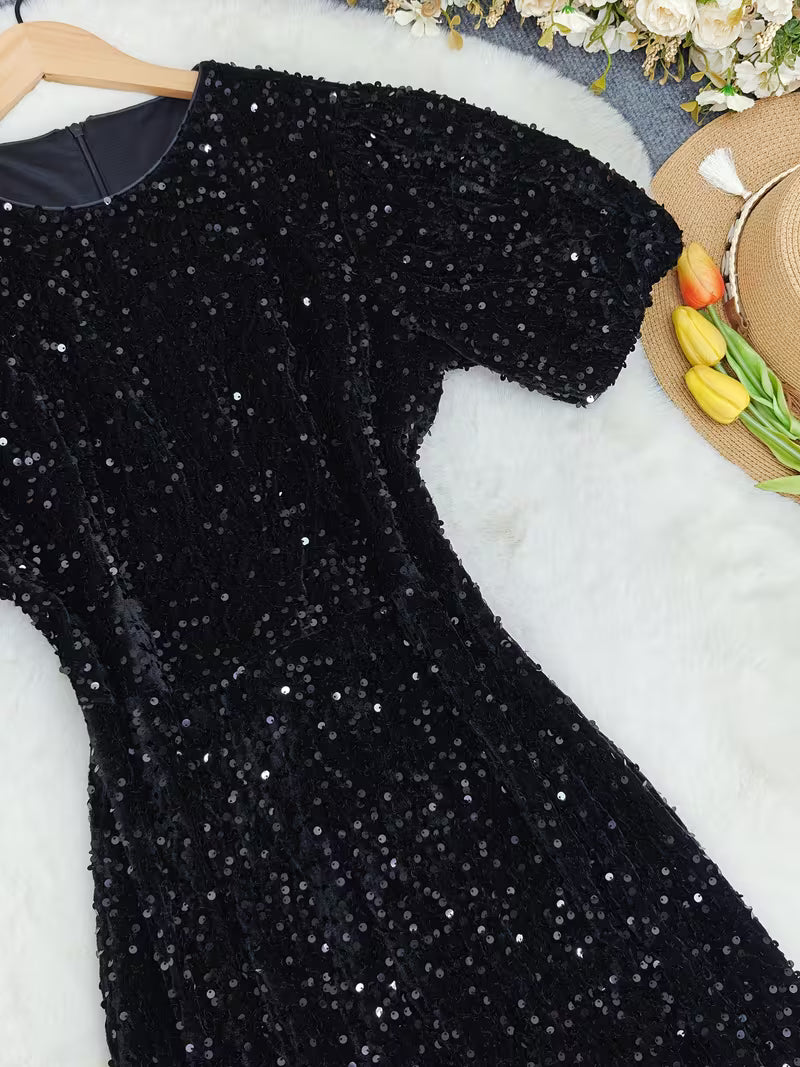 Puff Sleeve Sequin Midi Dress