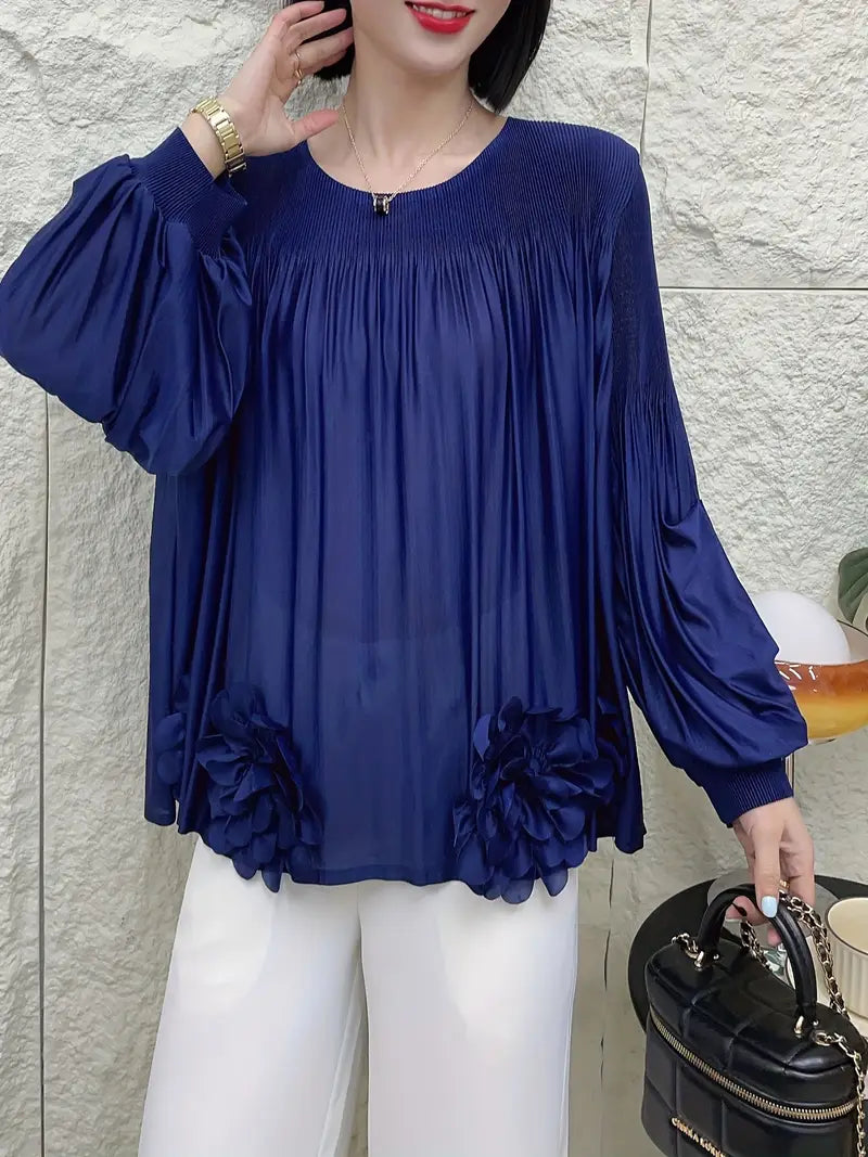 Floral Applique Round-Neck Pleated Blouse Tops