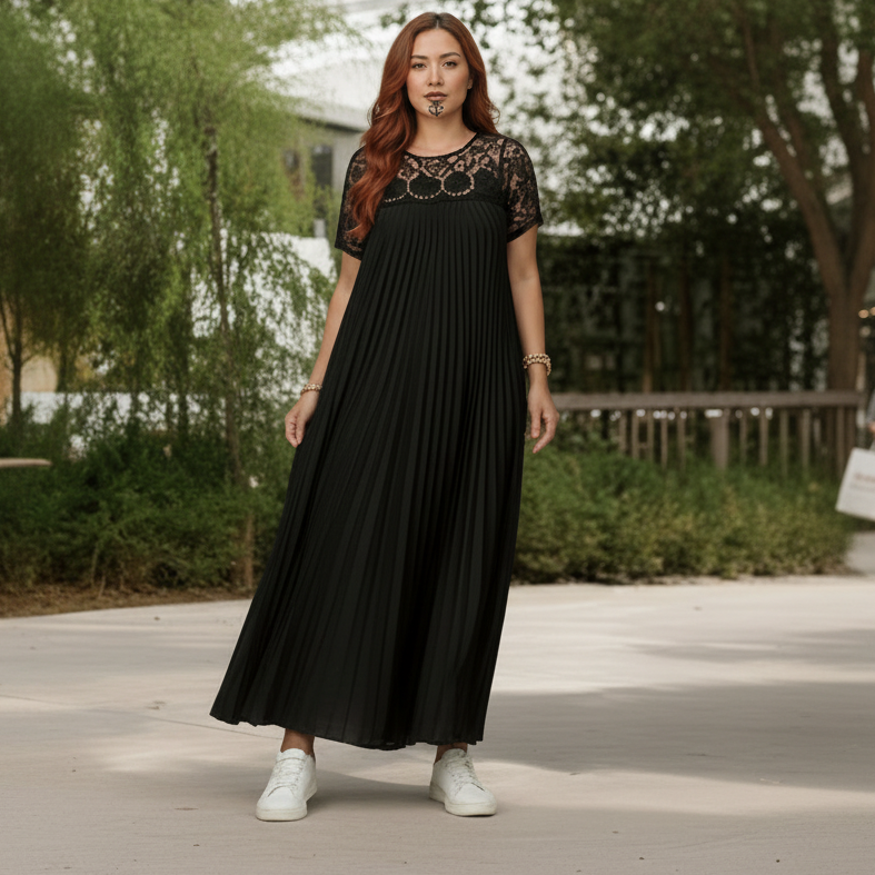 Plus Size Elegant Lace Trim Pleated Dress