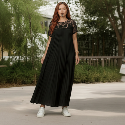 Plus Size Elegant Lace Trim Pleated Dress