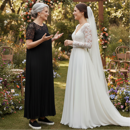 Plus Size Elegant Lace Trim Pleated Dress