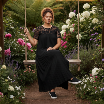 Plus Size Elegant Lace Trim Pleated Dress