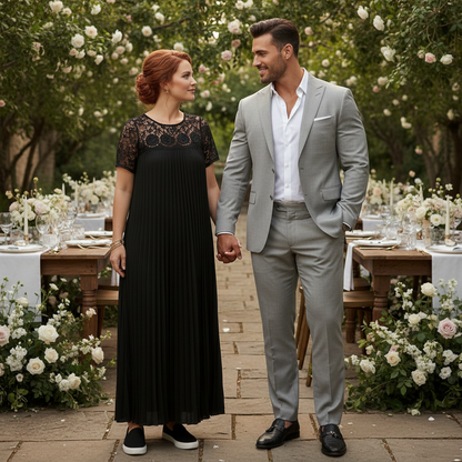 Plus Size Elegant Lace Trim Pleated Dress