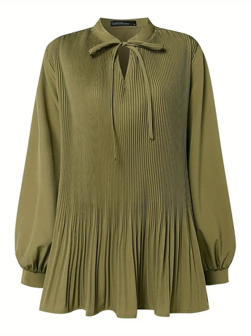 ZANZEA Plus Size Fine Pleated Long Sleeve Top