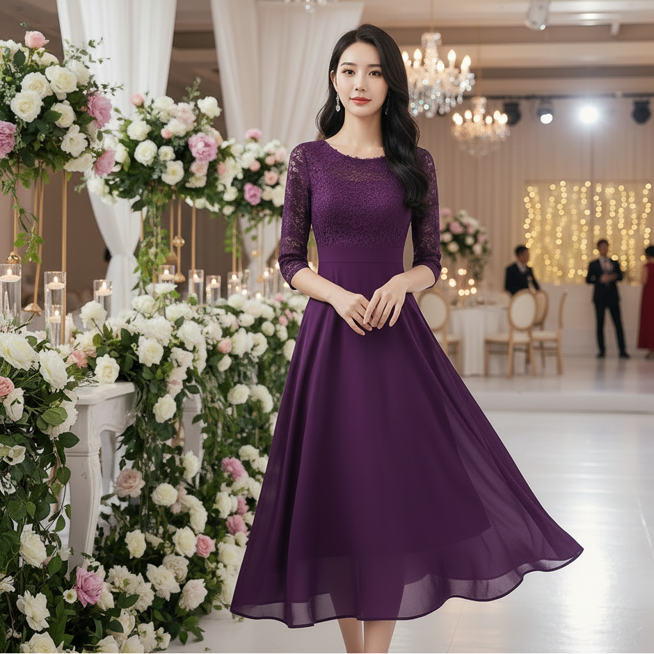 Vogue Chiffon Lace Midi Dress