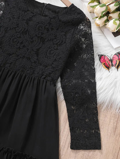Lace Trim Long Sleeve Ruffle Dresses