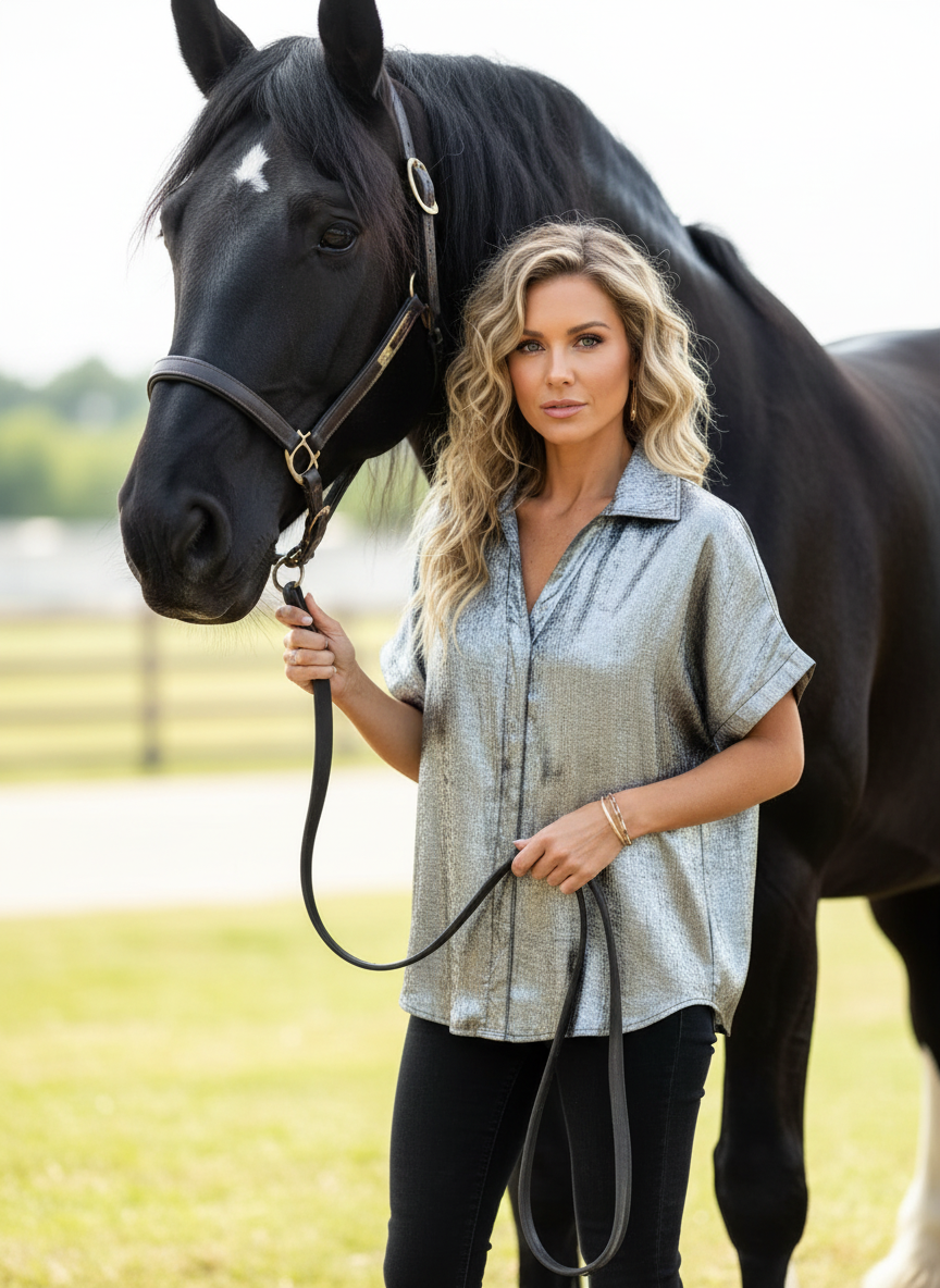 Metallic Polyester Short Sleeve Blouse