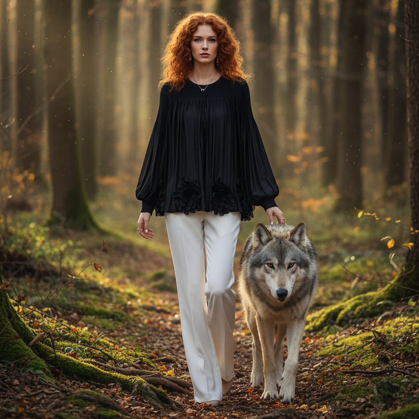 Floral Applique Round-Neck Pleated Blouse Tops