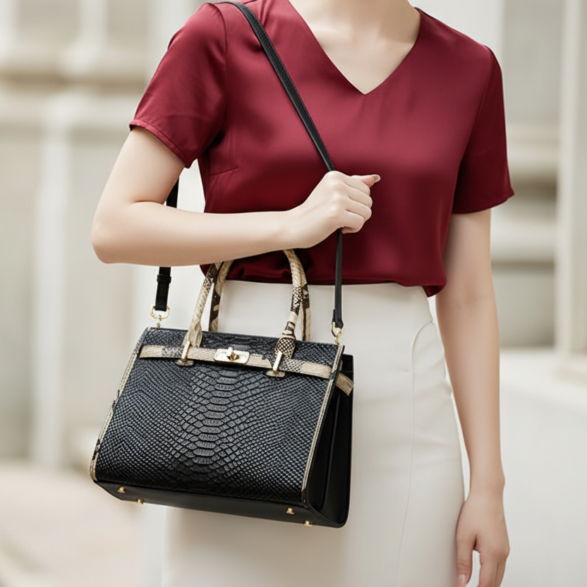 Birkin Inspired Genuine Leather Handbag - Dual Tone Snake Edition