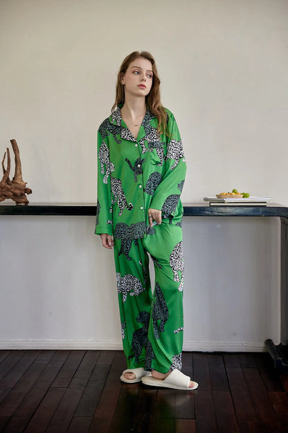 Green Leopard Silk Pajama Sleepwear Set