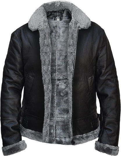 B3 Bomber Black Pilot Leather Fur Jackets