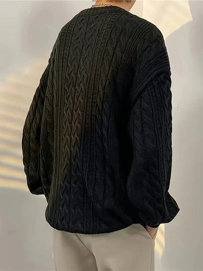 Cozy Geometric Plus Size Acrylic Aran Crew Neck Sweater