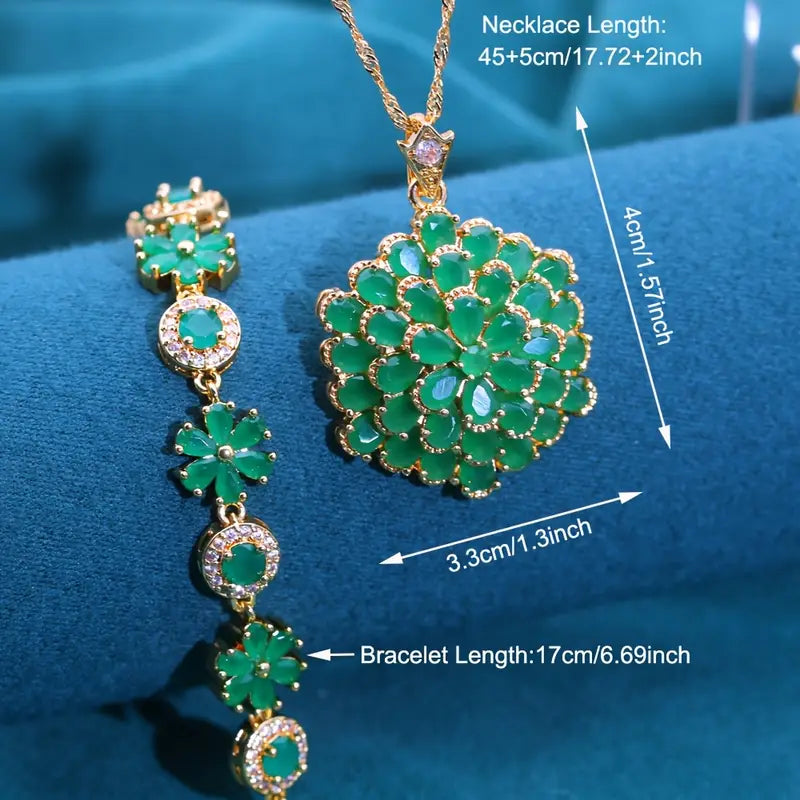 Retro Floral Zirconia Green Stone Pendant Necklace