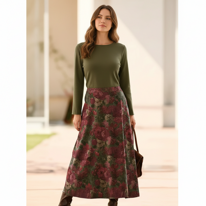 Chic Plum Floral High-Waist A-Line Skirt
