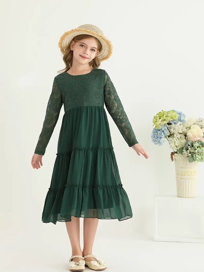 Lace Trim Long Sleeve Ruffle Dresses