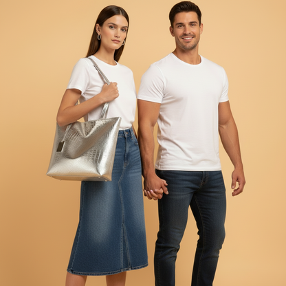 Vintage Metallic Vegan Leather Tote Bag
