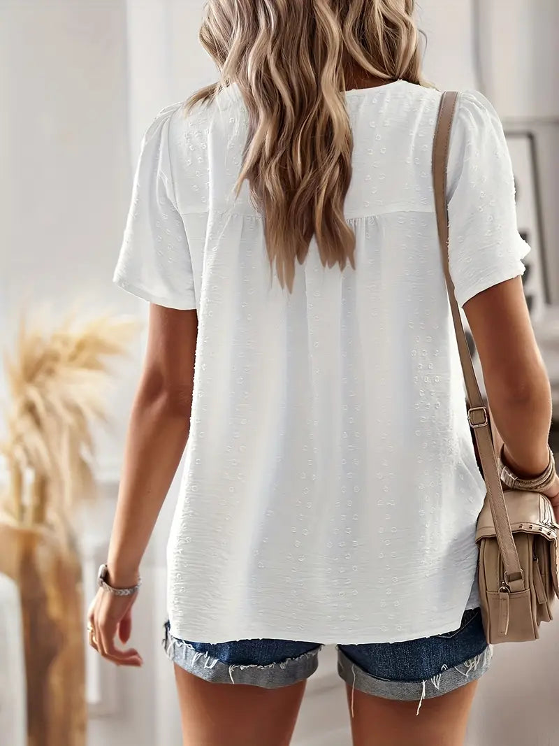 Polka Dot Textured Short Sleeved Blouse Top