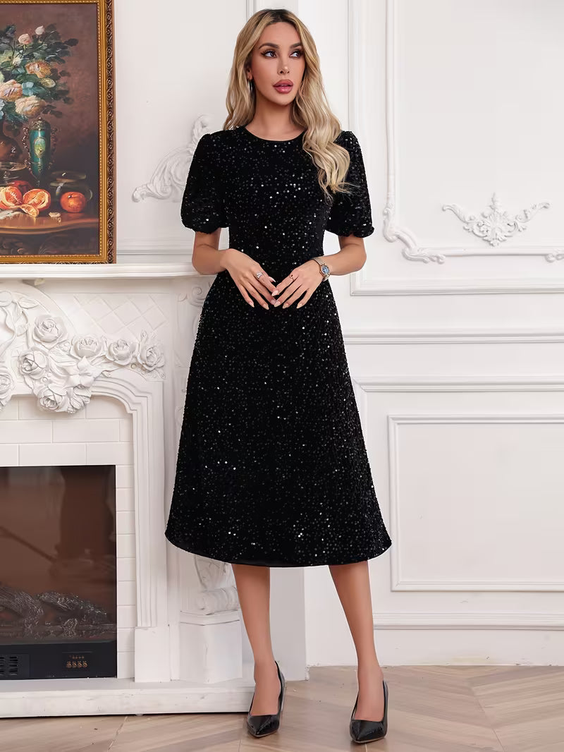 Puff Sleeve Sequin Midi Dress